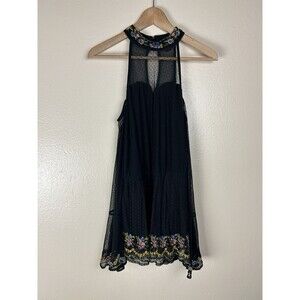 Boston Proper S Beaded Top Blouse Black Floral Mesh Cold Shoulder Garden Party